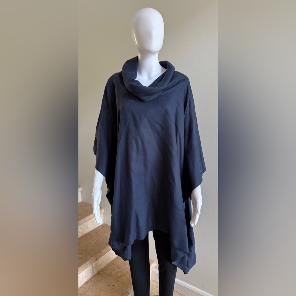 ALISTAIR TRUNG Women's Cowl Neck 100% Linen Blouse Top Tunic, Navy Blue